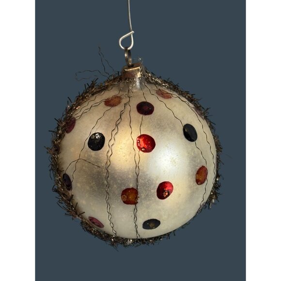Vintage Germany Wire Wrapped Frosted White Glass Confetti Dot Ornament 2 1/2" - Picture 3 of 9
